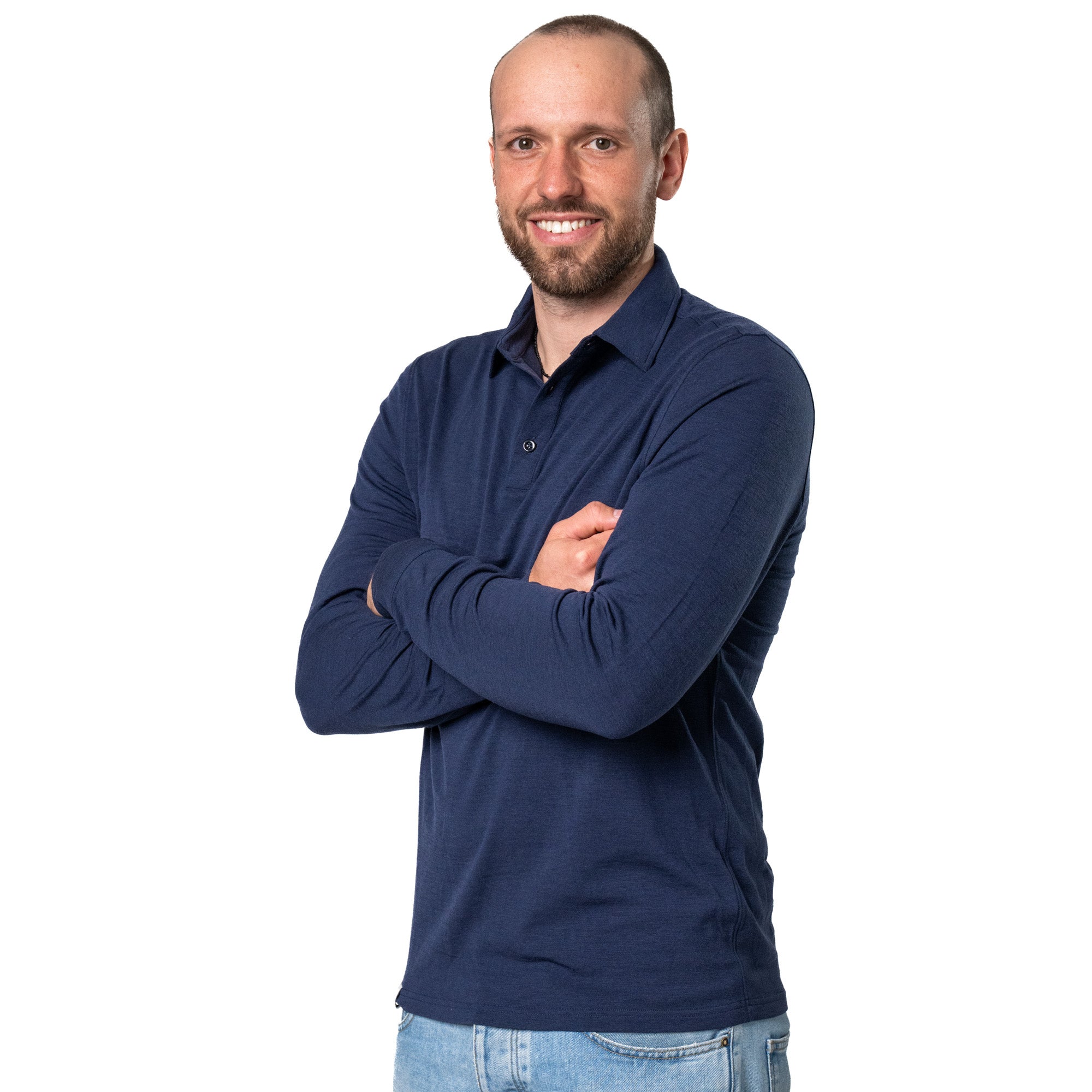 Merino Longsleeve Polo Herren langärmlig in Blau, hochwertiges Poloshirt aus Merinowolle