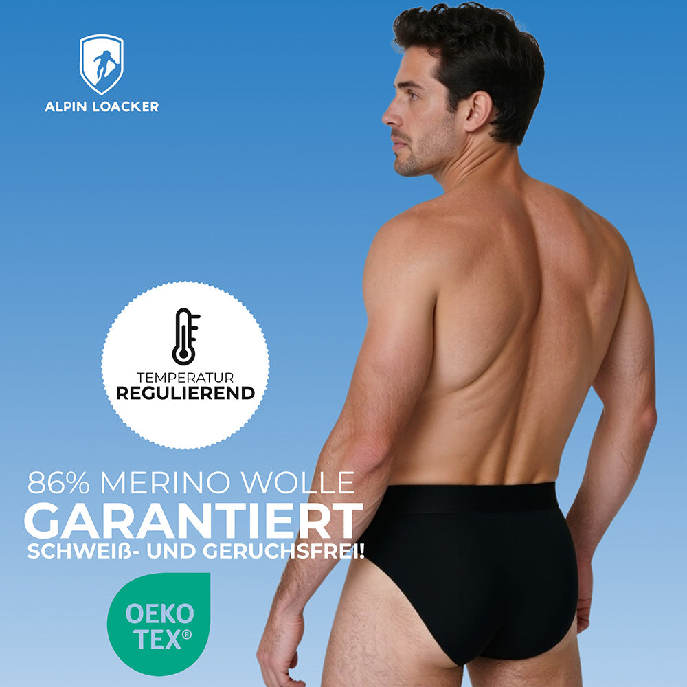 Rückansicht des Modells im Alpin Loacker Merino Slip Herren 150 g/m2 aus 86% Merinowolle, temperaturregulierend, geruchsneutral, Oeko-Tex zertifiziert.