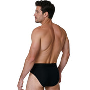 Männliches Modell von hinten mit Merino Slip Herren 150 g/m2, betont Strapazierfähigkeit und Komfort, ideal für Sport und Outdoor-Aktivitäten.