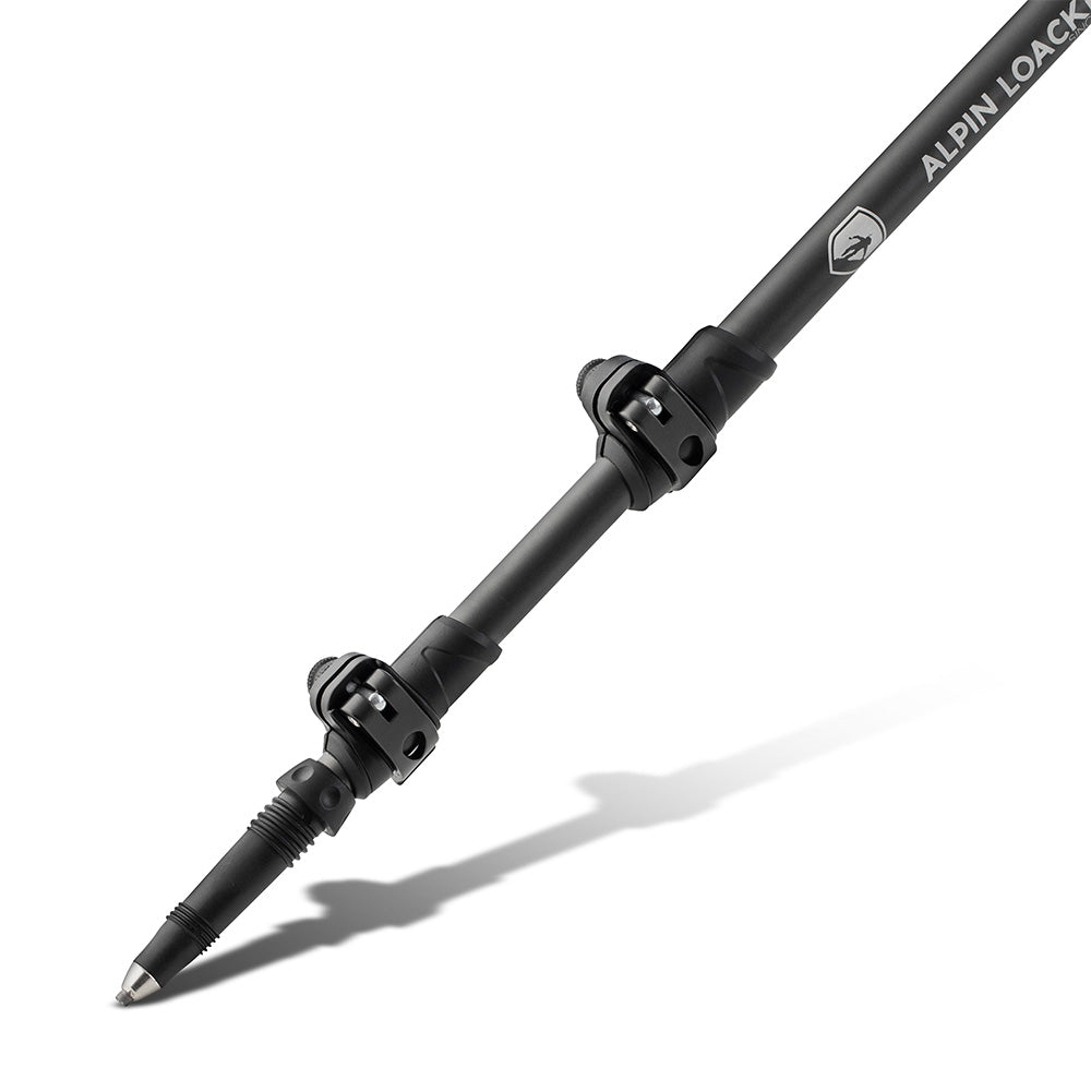 Teleskop Wanderstöcke aus Aluminium mit Stahlspitze, Quick-Lock-Klemmen und Alpin Lock-Schriftzug, ideal für Trekking und Bergexpeditionen. Verstellbar und zusammenklappbar für einfachen Transport.